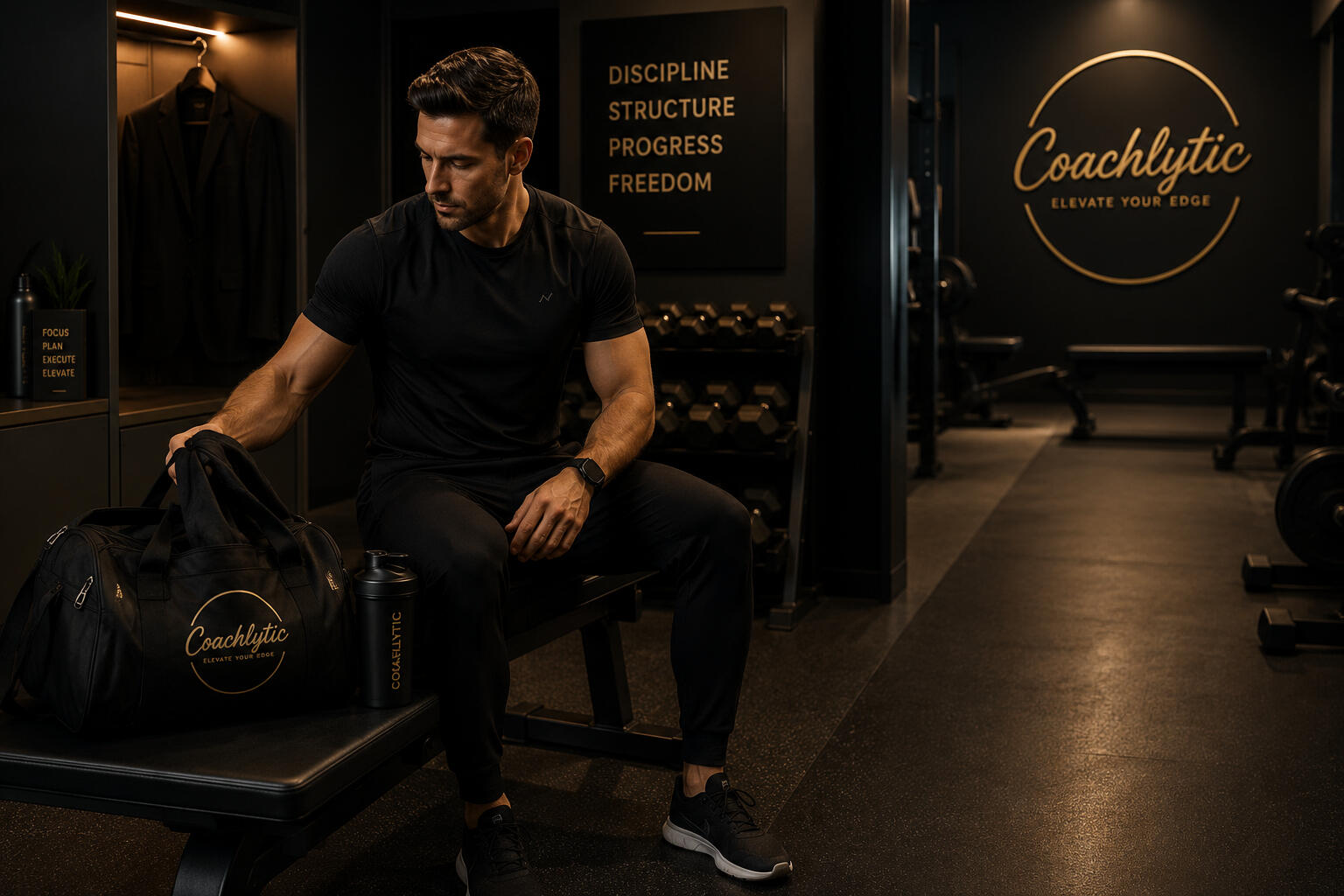 Busy professional preparing to train in a gym, representing the structured and realistic approach of Coachlytic PRO24.